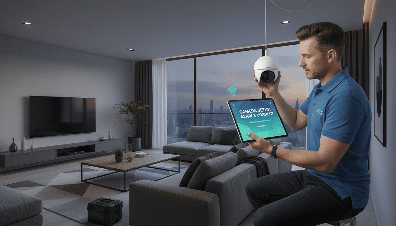 Technician installing a smart home security camera in a bright, modern living room