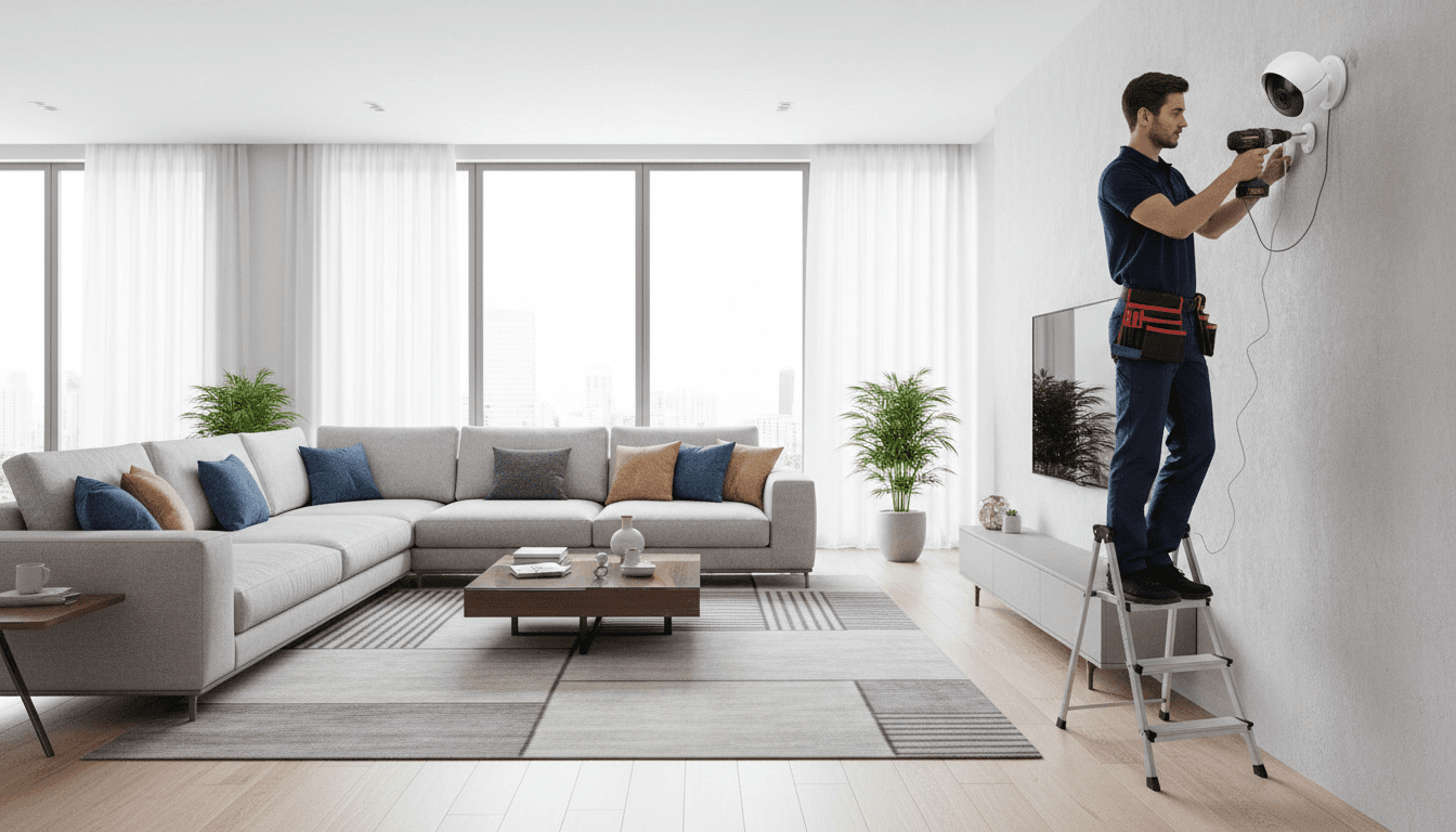 Technician installing a smart security camera on a wall in a modern living room
