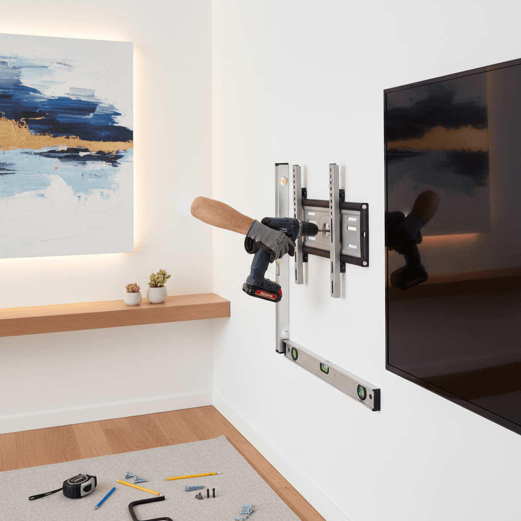 Technician mounting a flat screen TV on a wall in a modern living room
