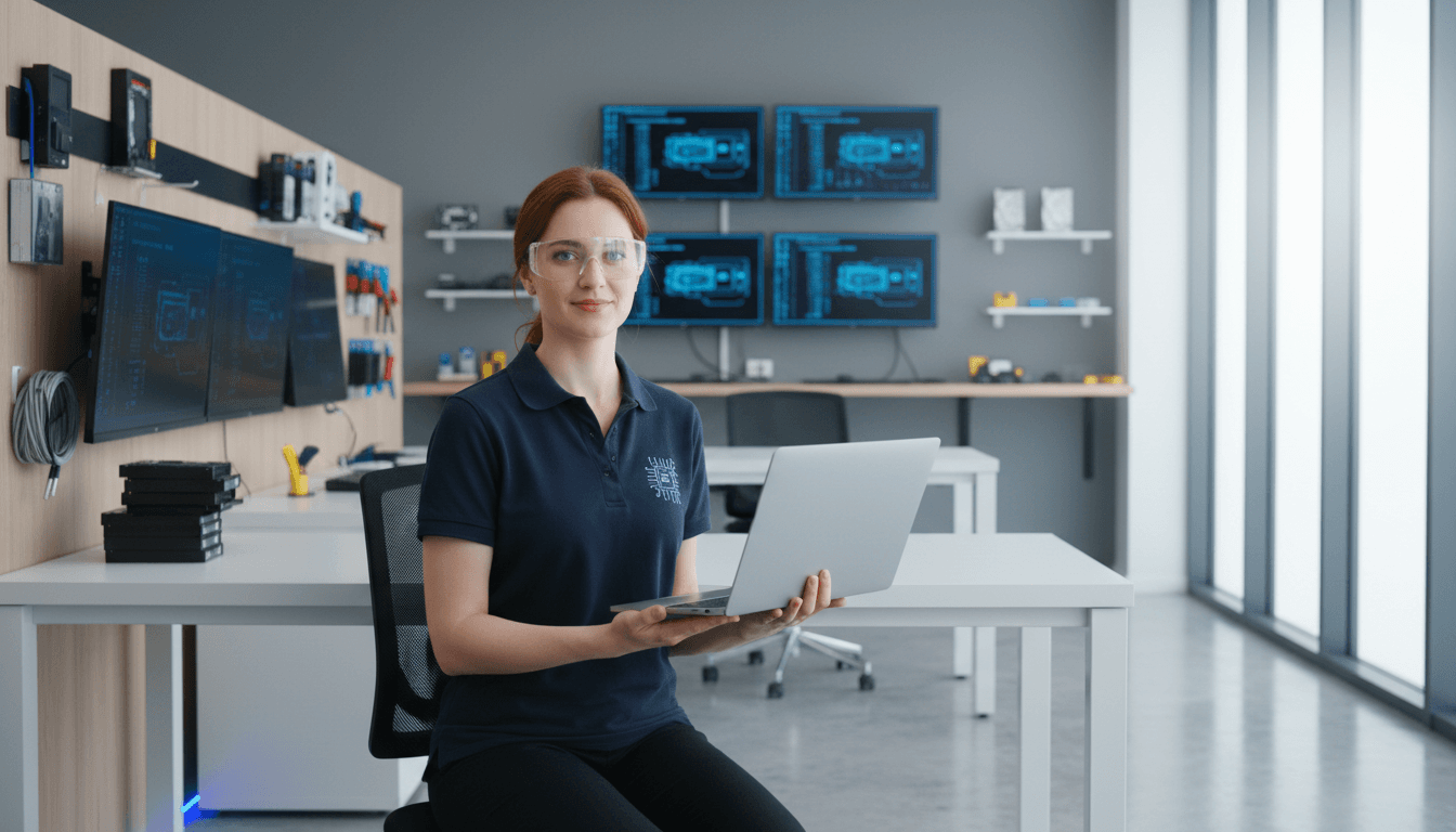 Female computer technician confidently holding laptop in organized modern repair shop workspace