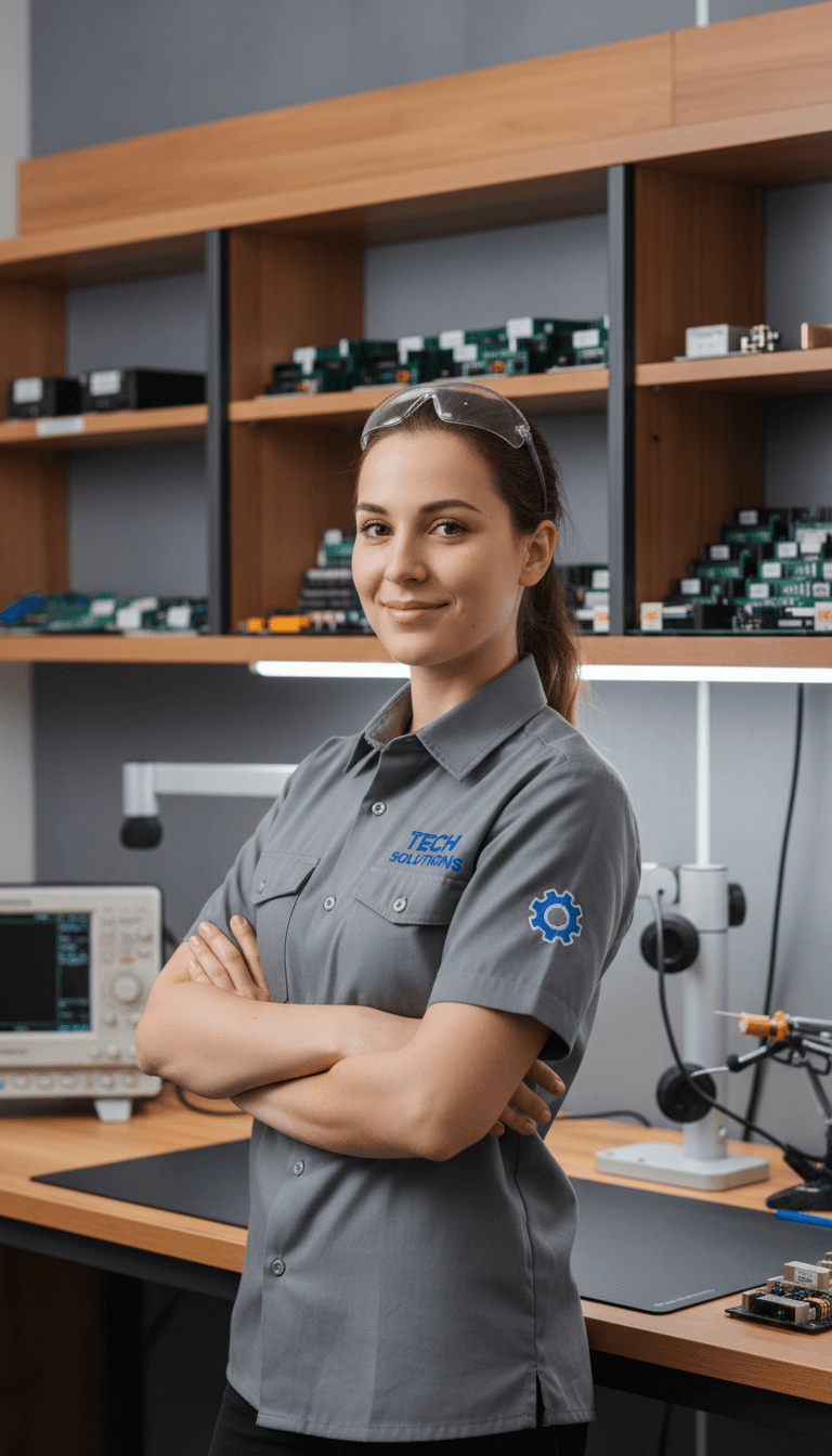 Confident female technician standing at organized repair station wearing branded uniform and safety glasses