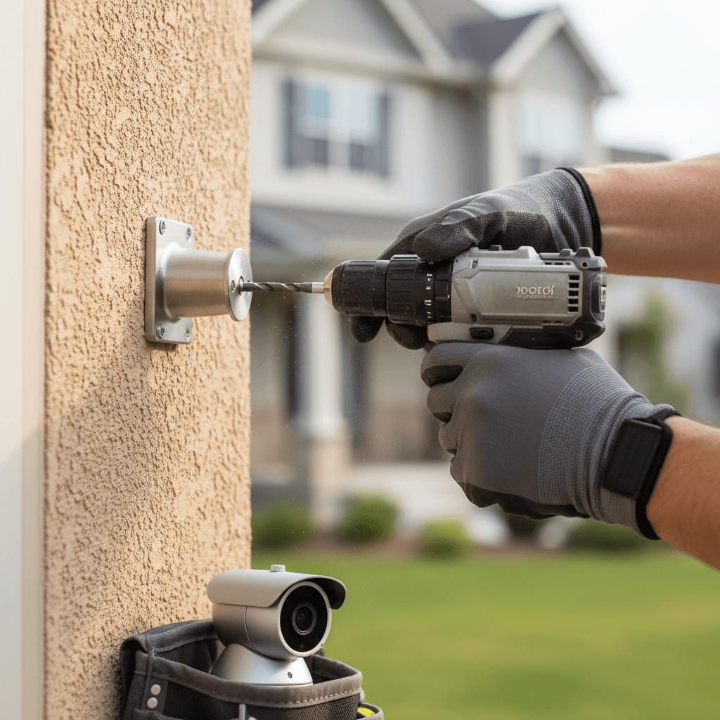 Technician installing a security camera on the exterior of a modern home