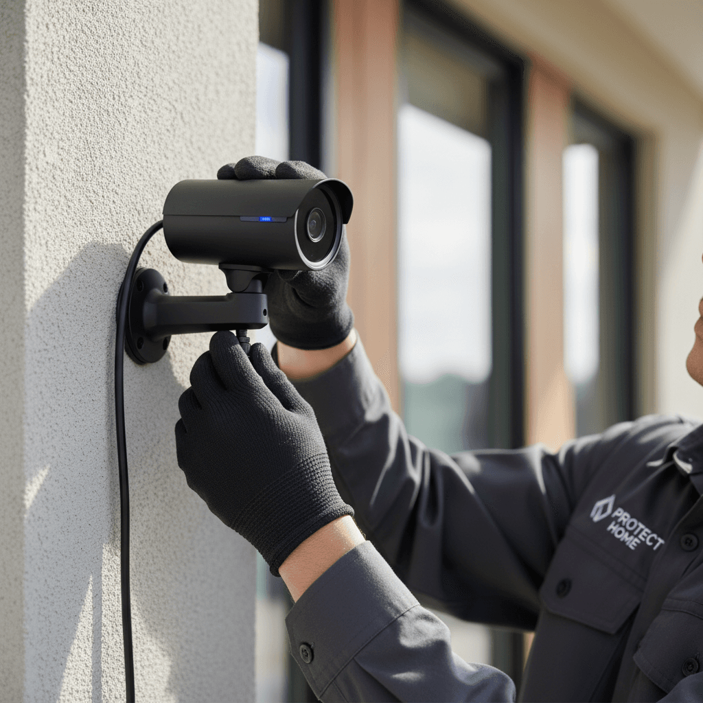 Outdoor WiFi security camera mounted under house eaves