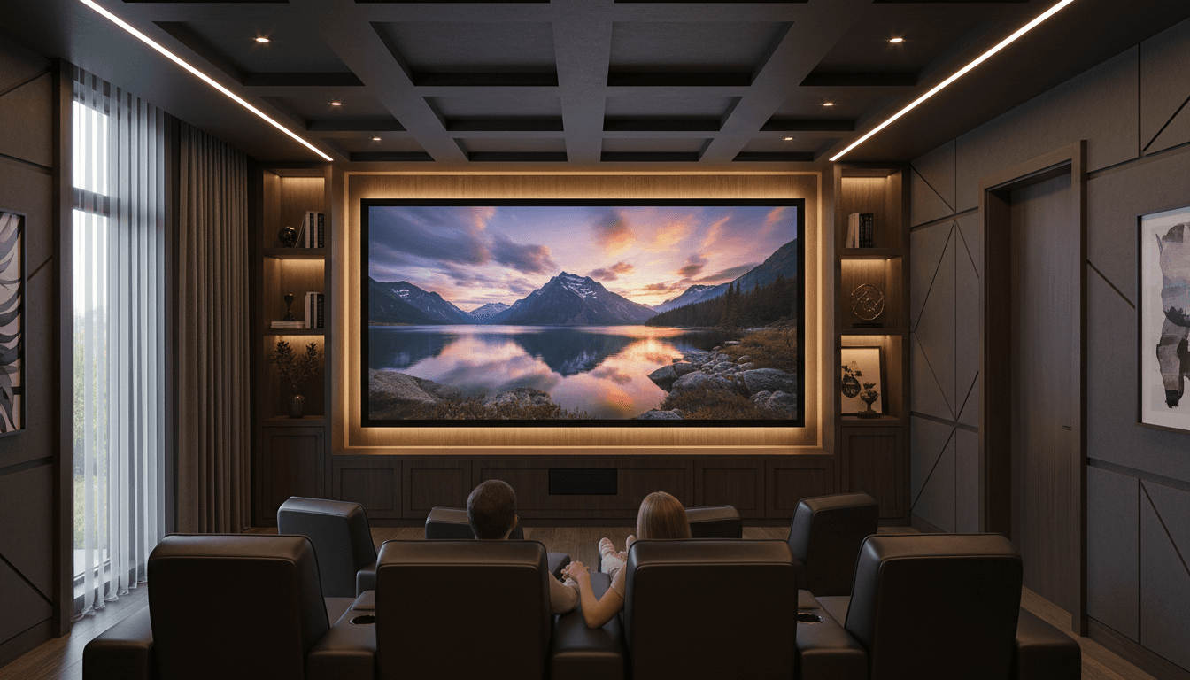 Home theater projection screen and speakers in a dark media room