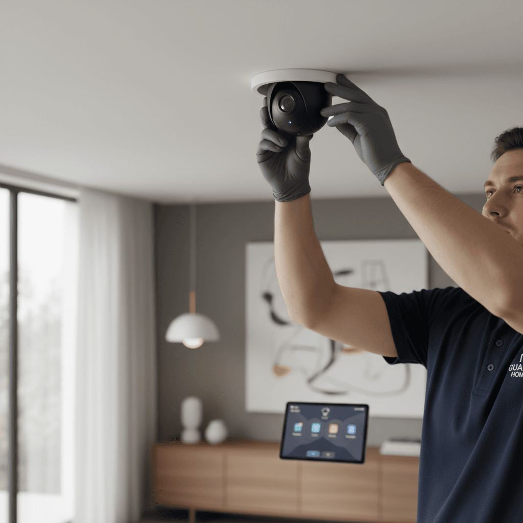 Technician installing a smart home security camera on a wall in a modern house