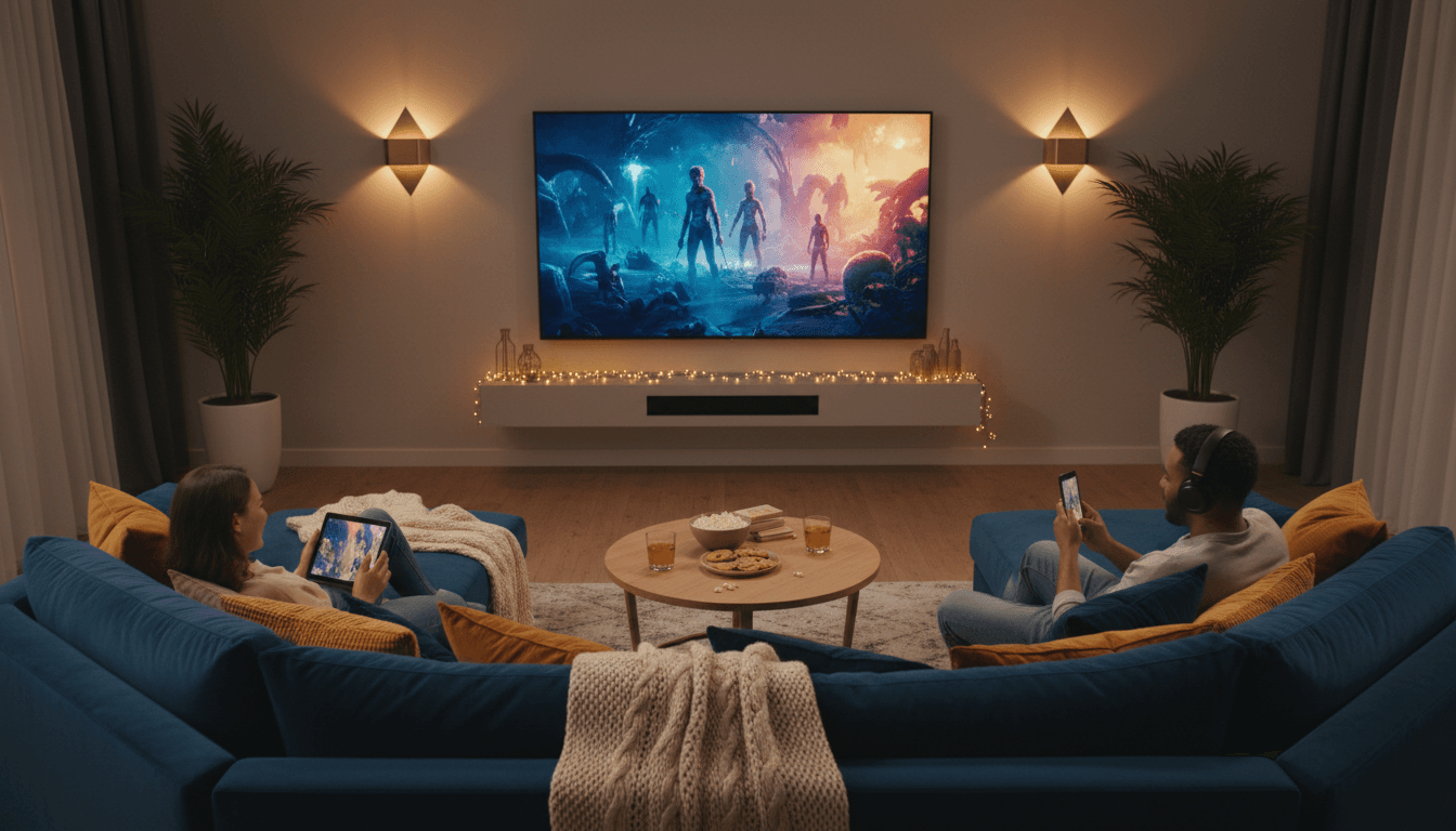 Cozy living room with wall mounted TV and soundbar setup
