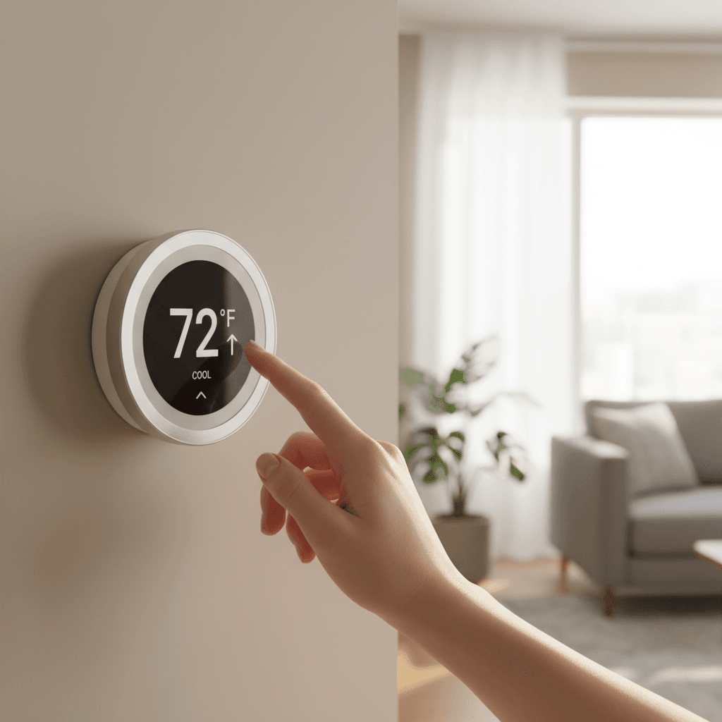 Hand adjusting a smart thermostat on a hallway wall