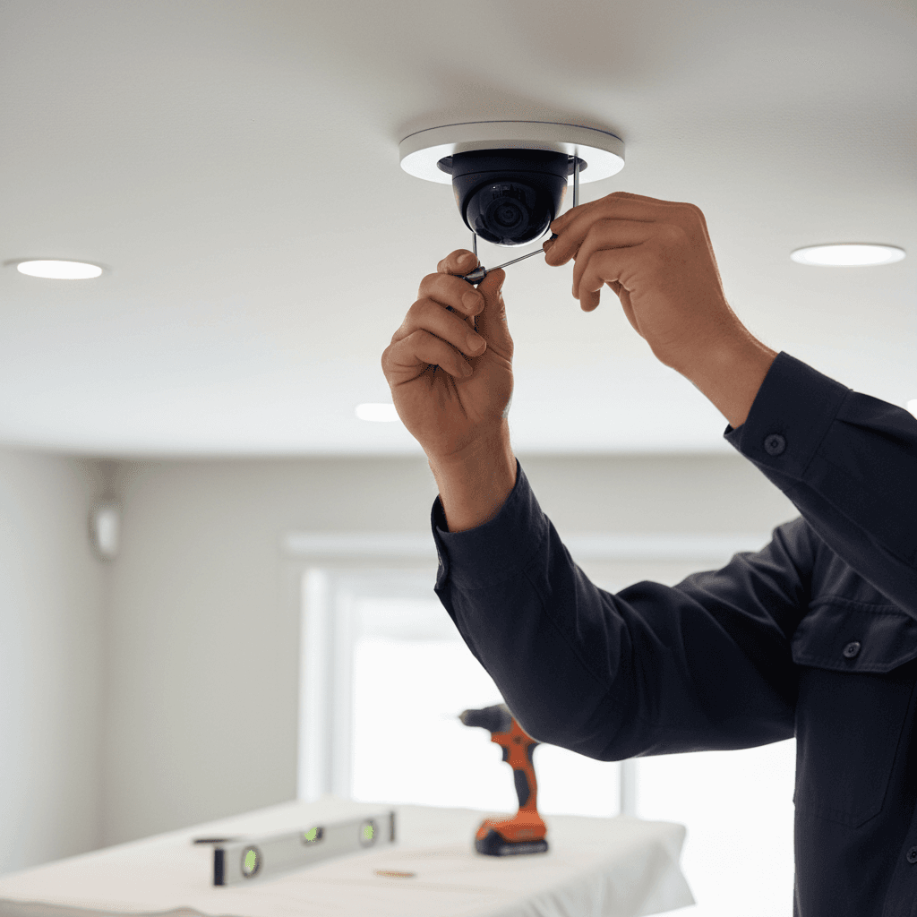 Professional installer mounting a smart security camera on the exterior of a modern home